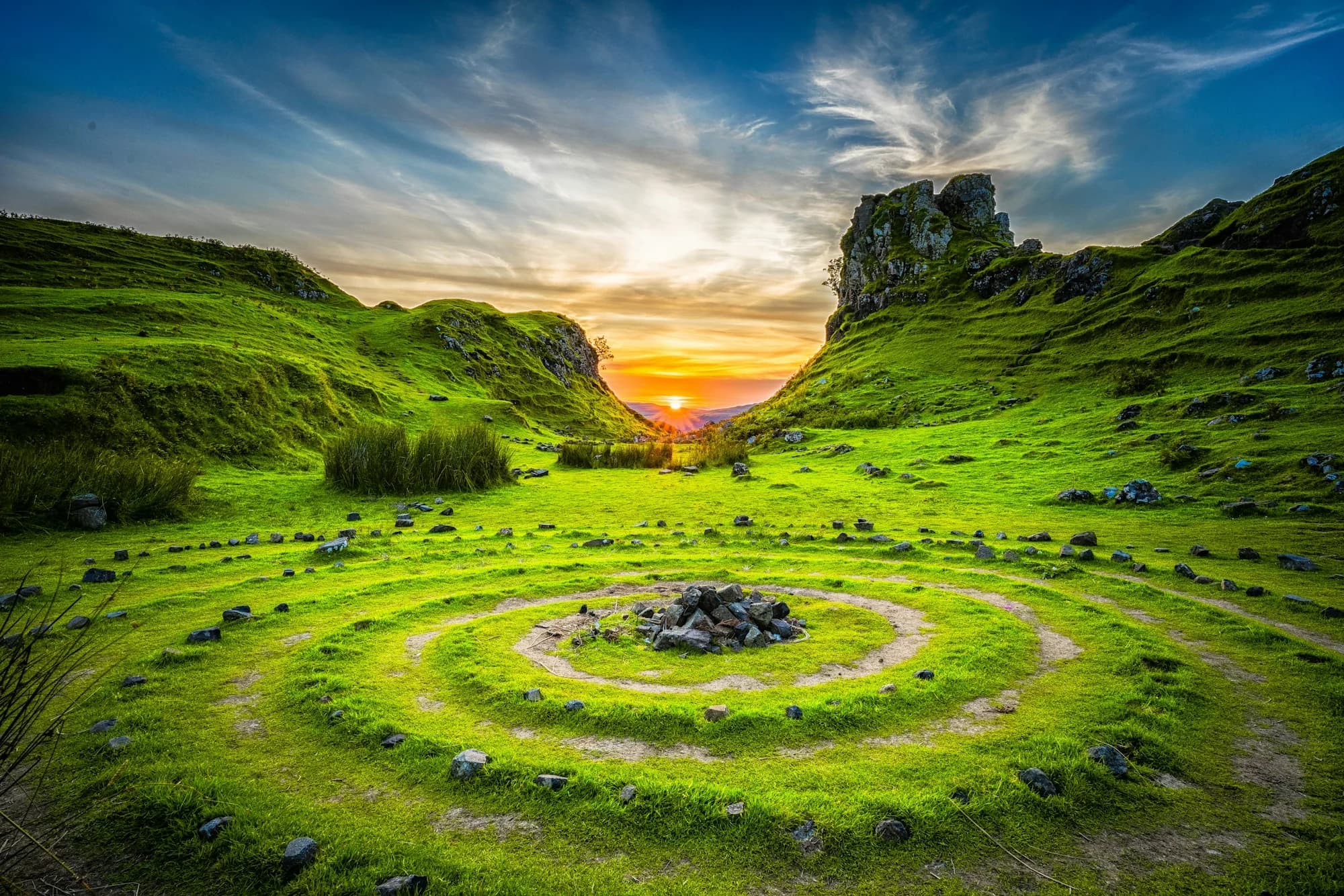 Peaceful sunset over rolling hills
